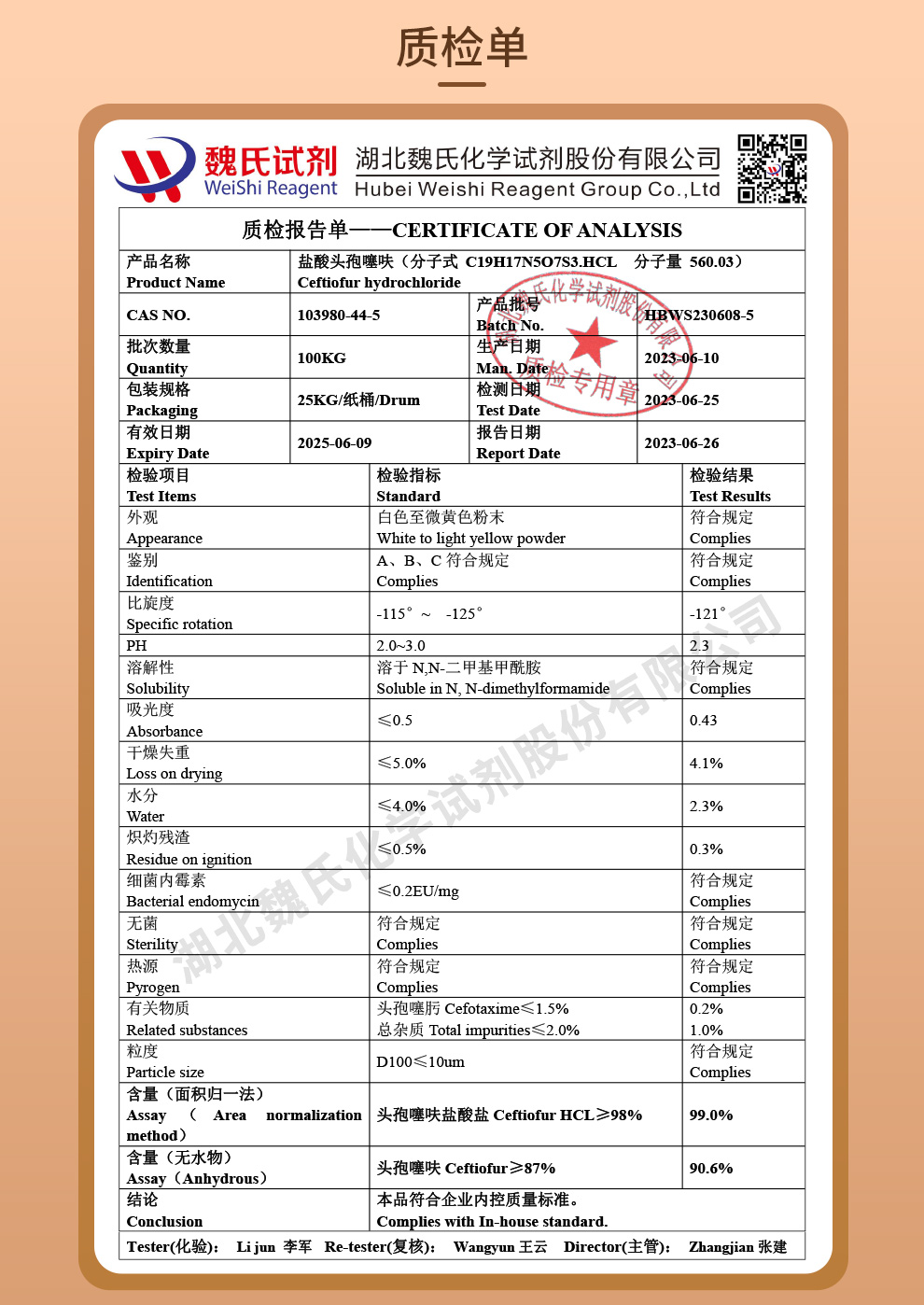 盐酸头孢噻呋_头孢噻呋盐酸盐质检单