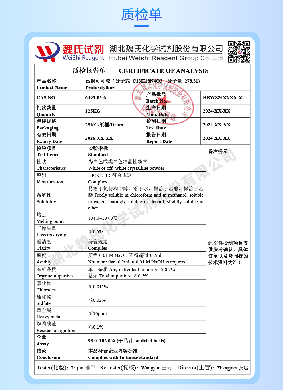 己酮可可碱质检单