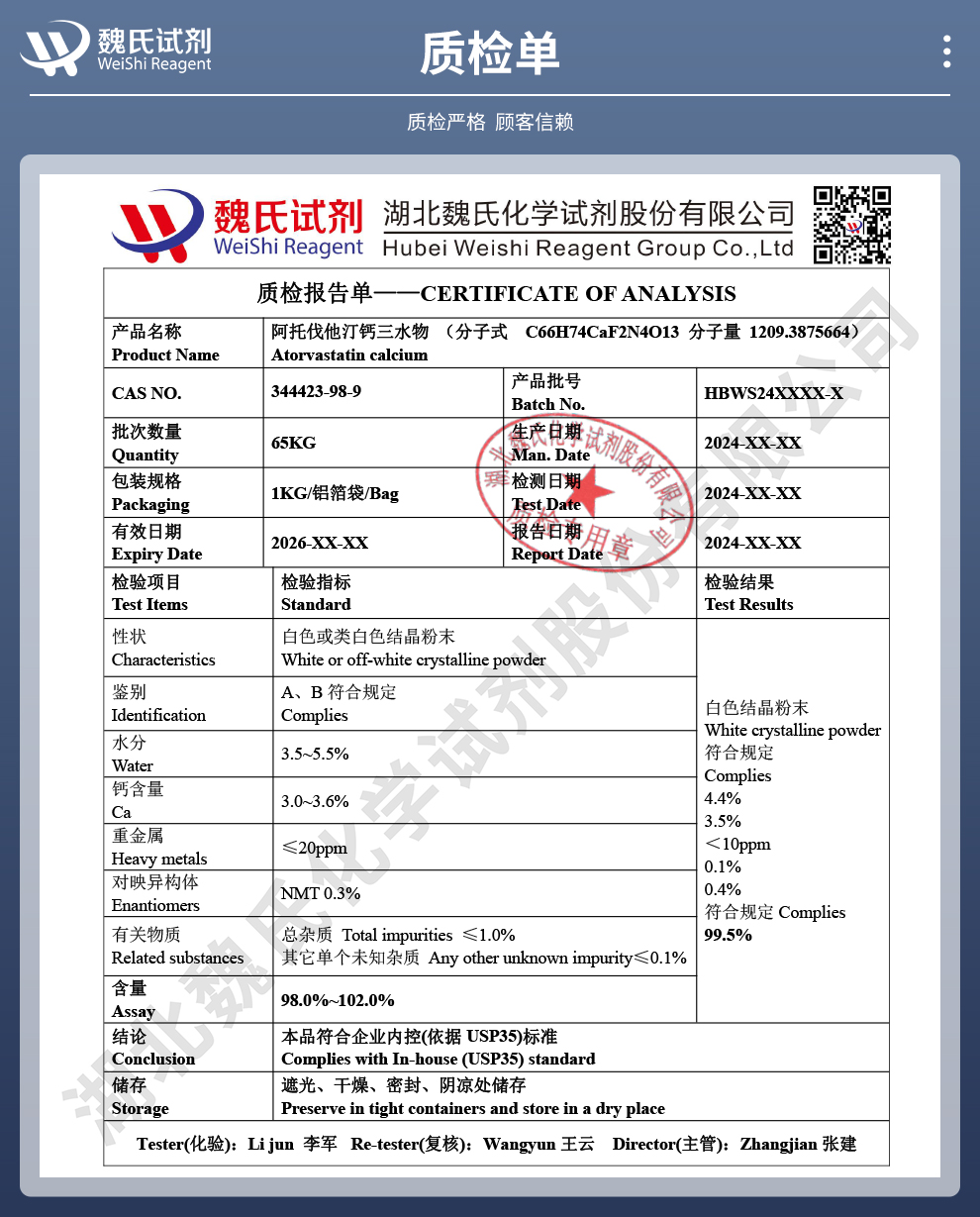 阿托伐他汀钙三水物质检单