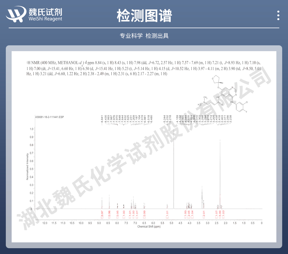 N-[4-[(3-氯-4-氟苯基)氨基]-7-[[(3S)-四氢-3-呋喃基]氧基]-6-喹唑啉基]-4-(二甲基氨基)-2-丁烯酰胺光谱