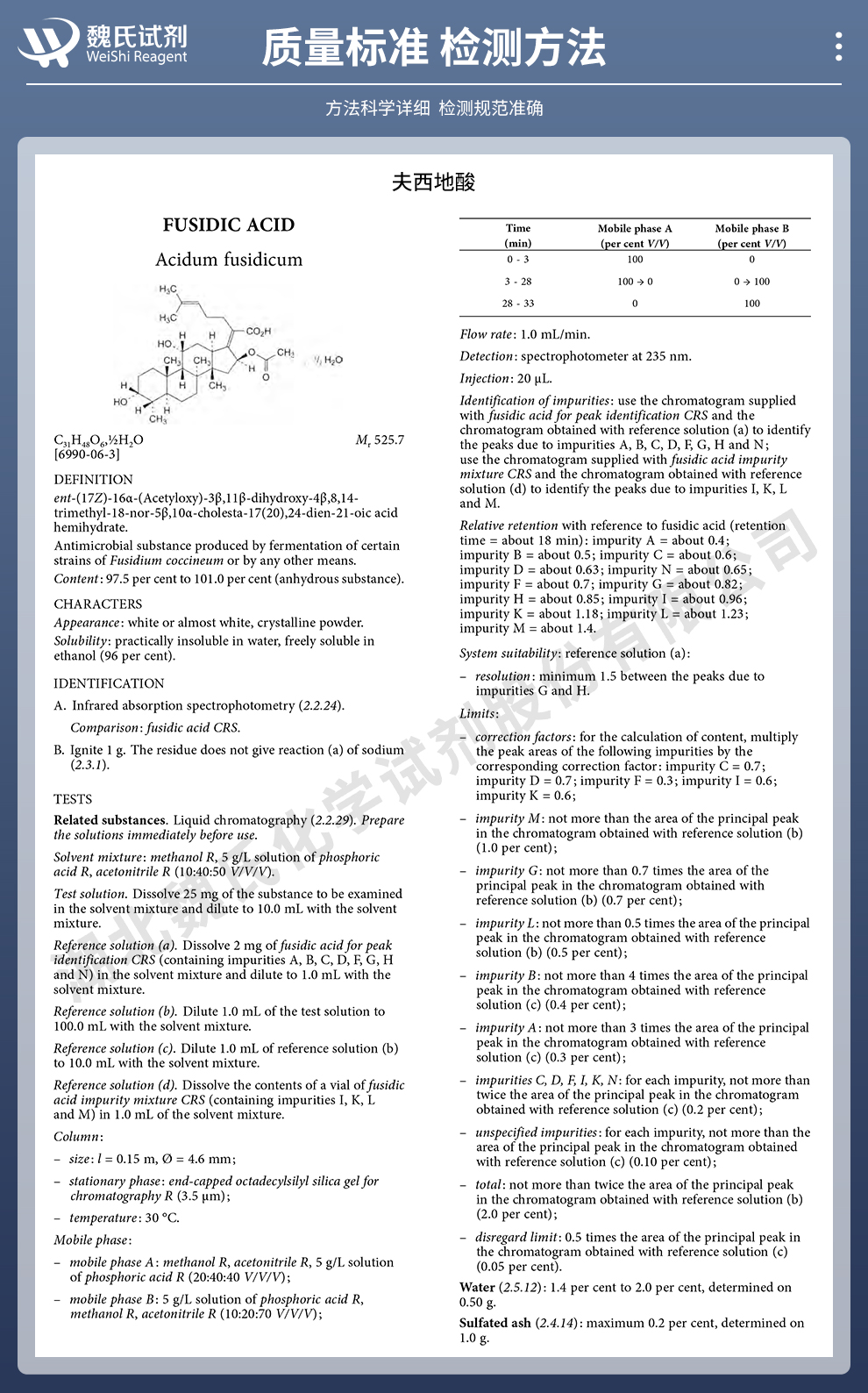 夫西地酸质量标准和检测方法