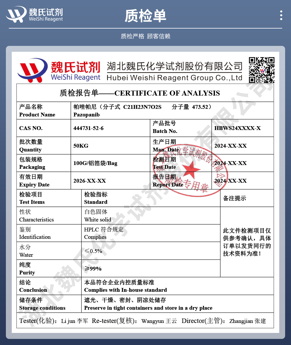 帕唑帕尼质检单