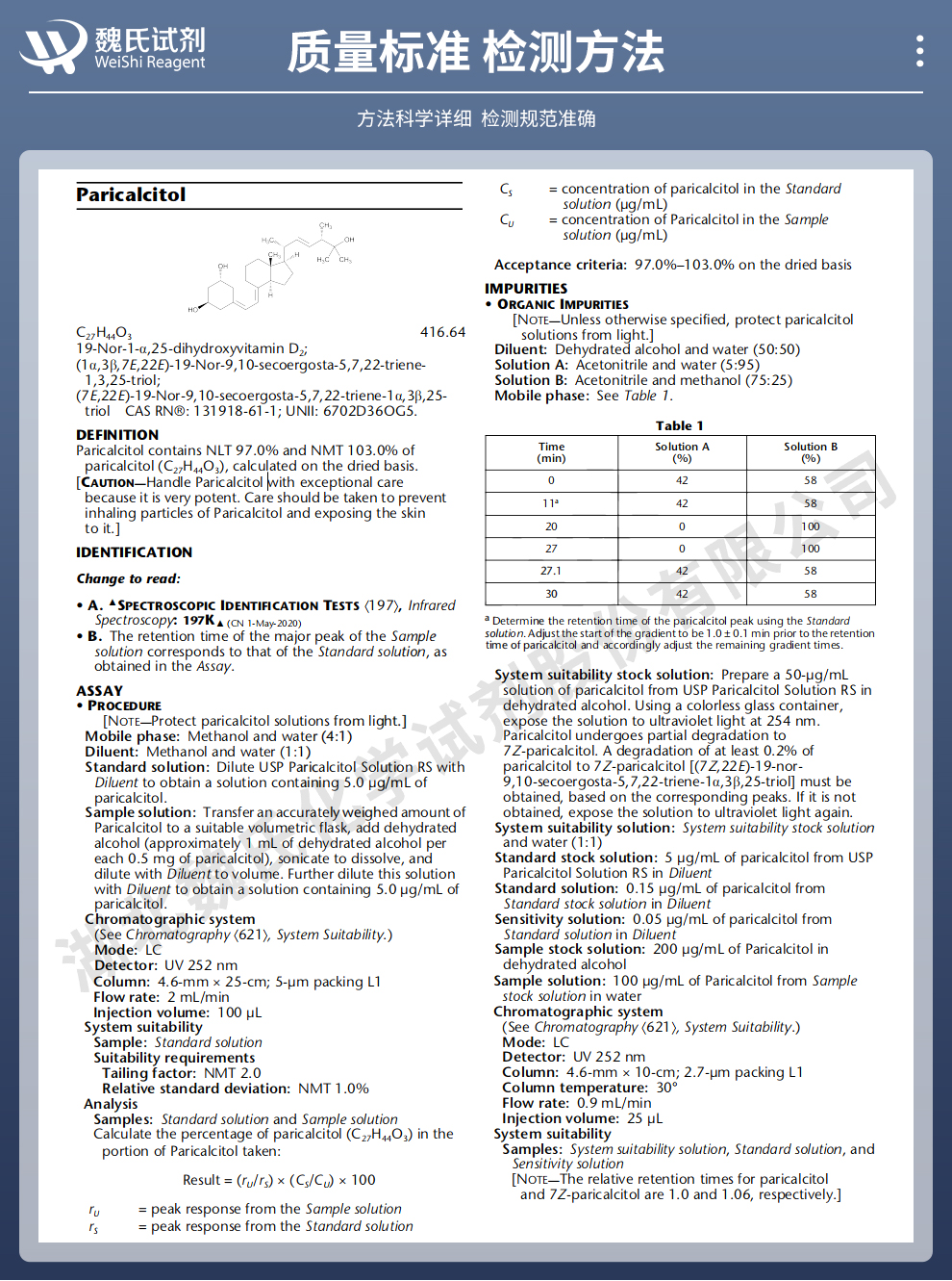 帕立骨化醇质量标准和检测方法