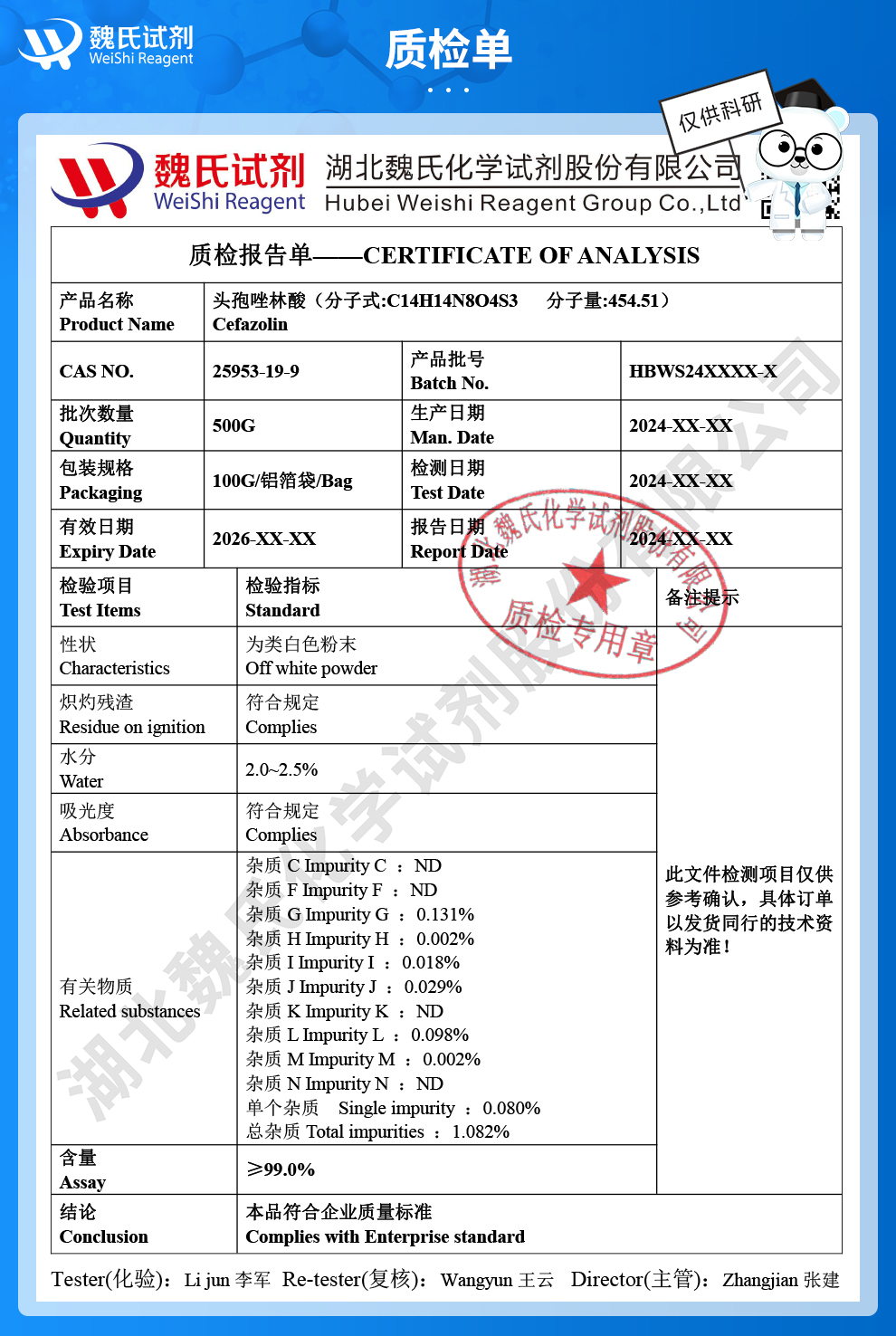 头孢唑啉酸；头孢唑啉质检单