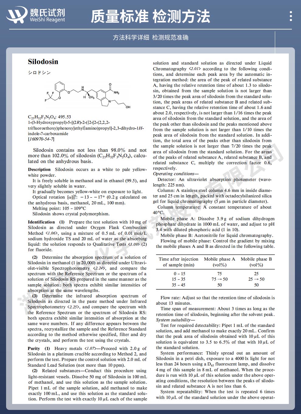 西洛多辛质量标准和检测方法