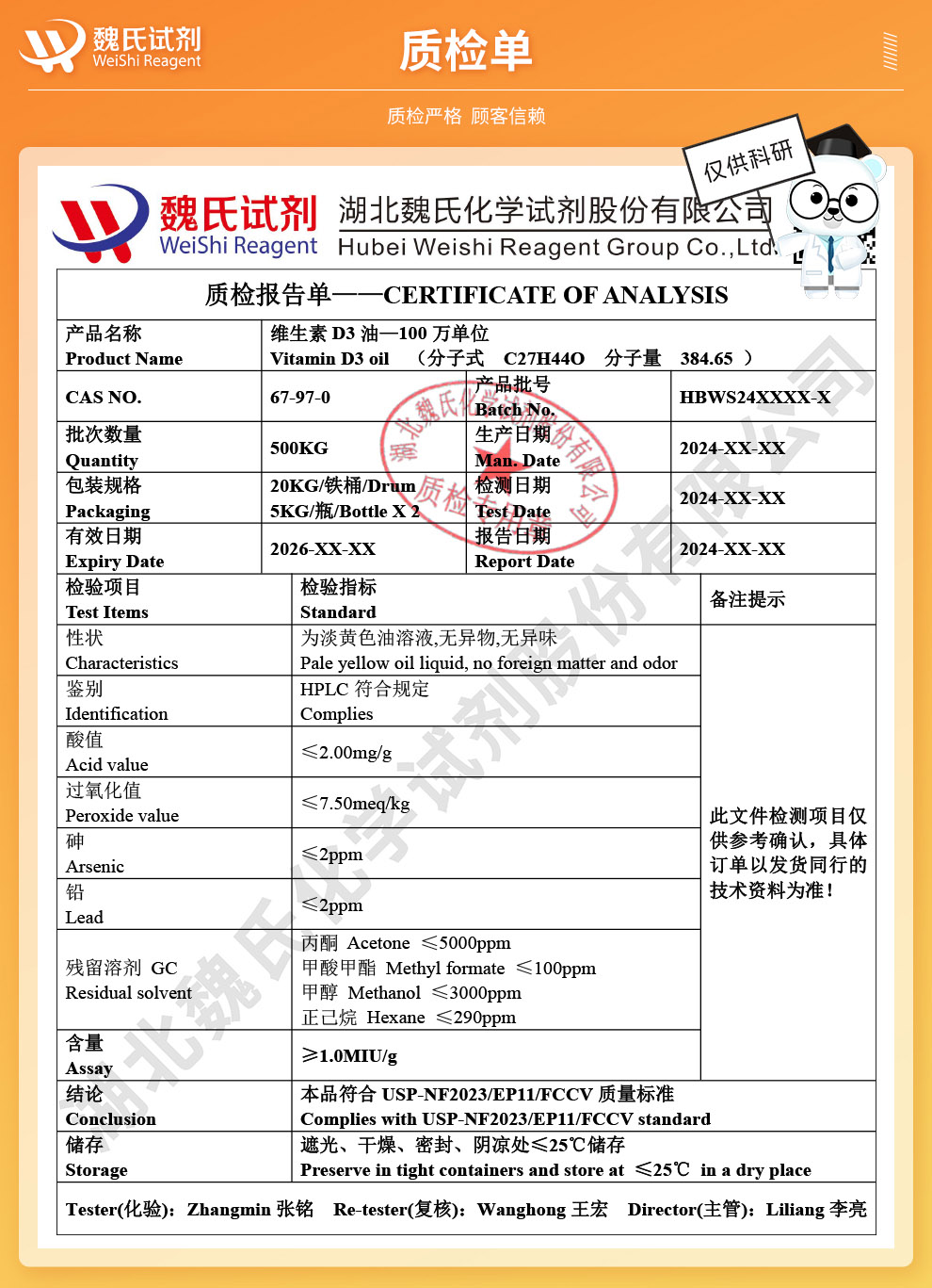 维生素D3油；胆骨化醇—100万单位质检单