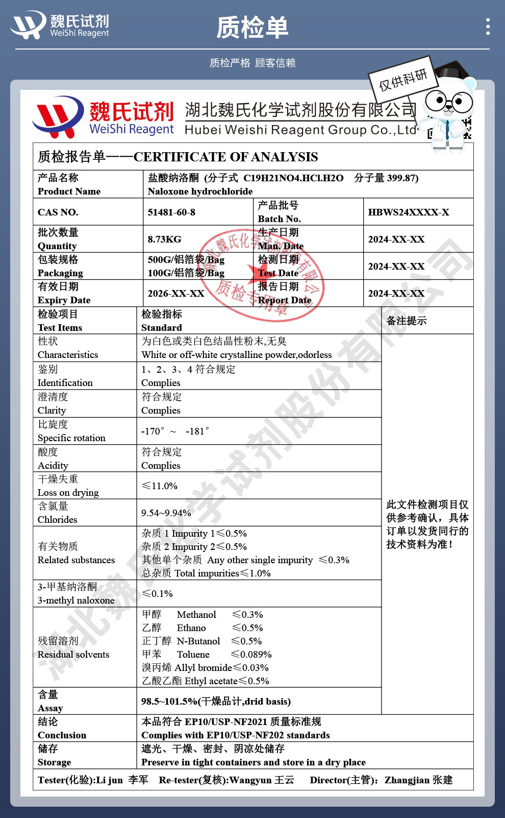 盐酸纳洛酮；二水物质检单