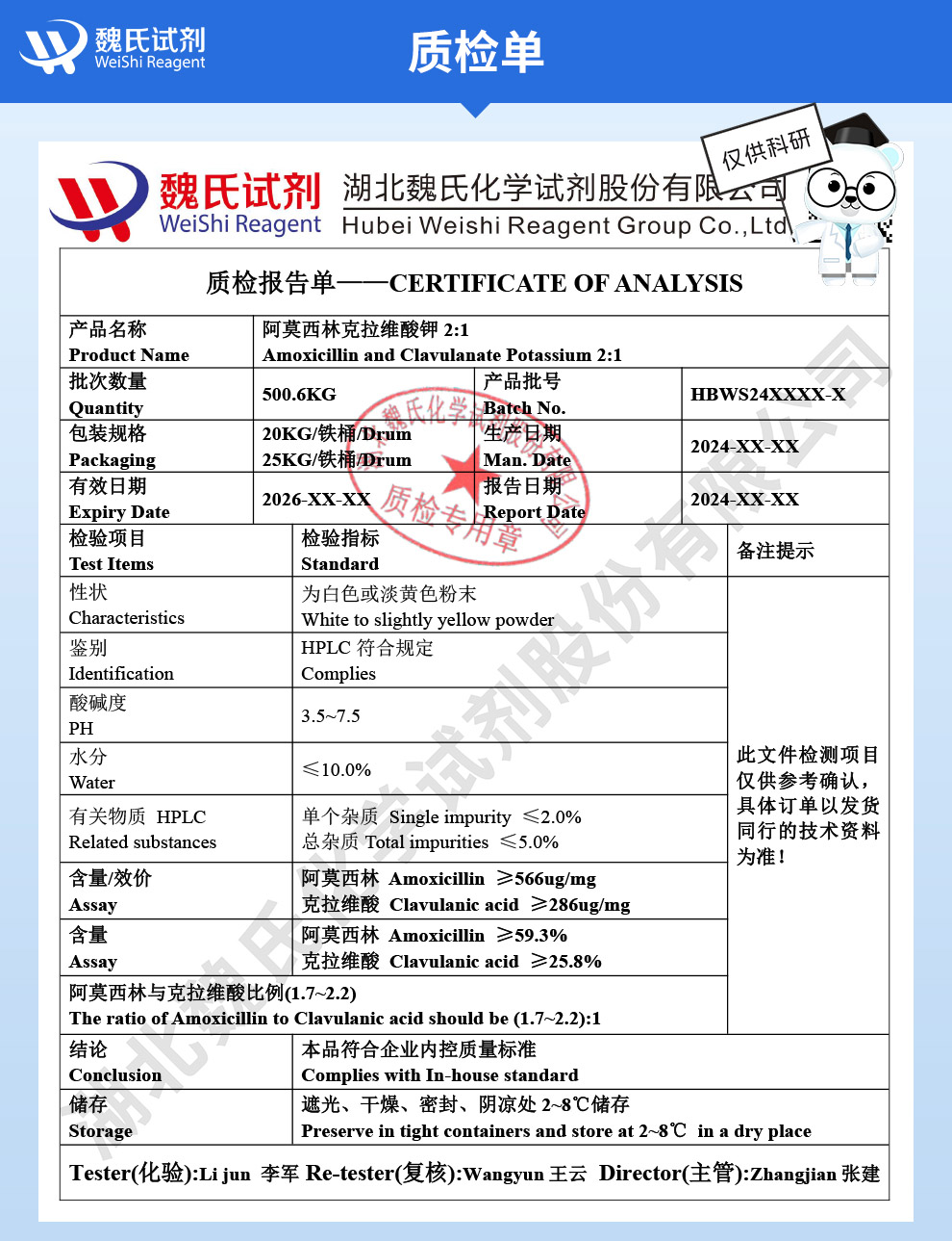 阿莫西林克拉维酸钾2:1质检单