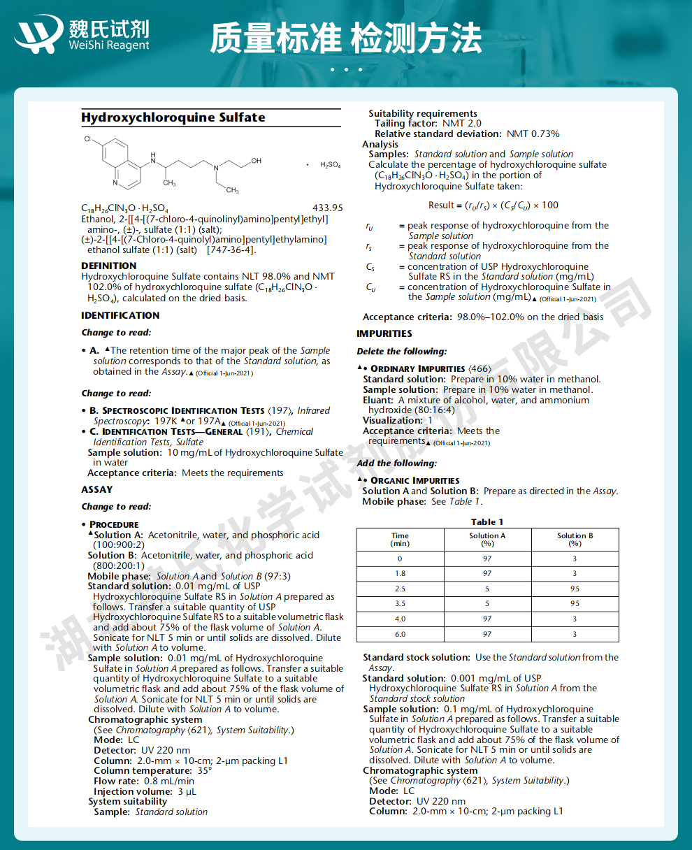 硫酸羟基氯喹；硫酸羟氯喹质量标准和检测方法